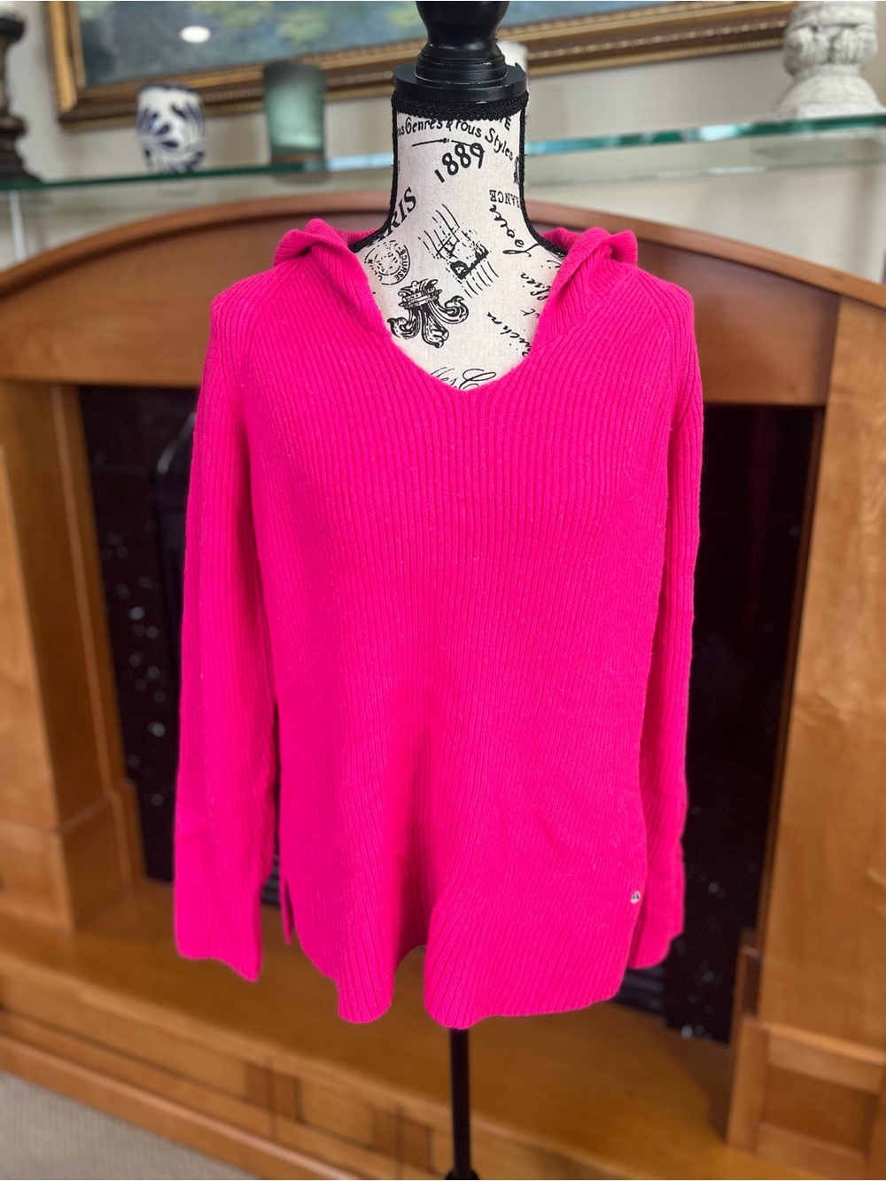 Vineyard Vines Hot Pink Ribbed V-Neck Hoodie Sweater